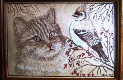 Выжигание .Картина. Кот и птичка на рябине.