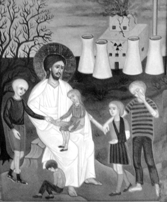 Икона «Иисус утешает детей Чернобыля», находится в церкви Казанской иконы Богородицы г.Ярвенпяя, Финляндия