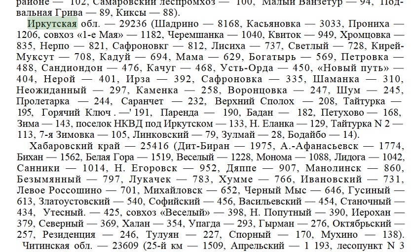 Размещение кулацких семей в Иркутской области.