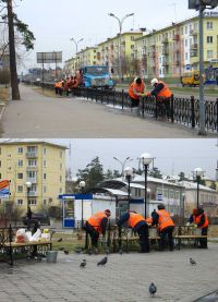 Сотрудники "Водоканала" моют ограждения